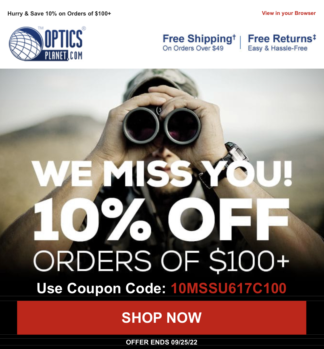 Optics Coupon Code Spend 100+ & Save 10. Expires 09/25/22